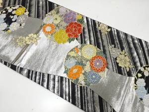 よろけ縞に花丸・桜模様織り出し　全通袋帯